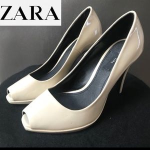 Zara nude patent peep toe heels